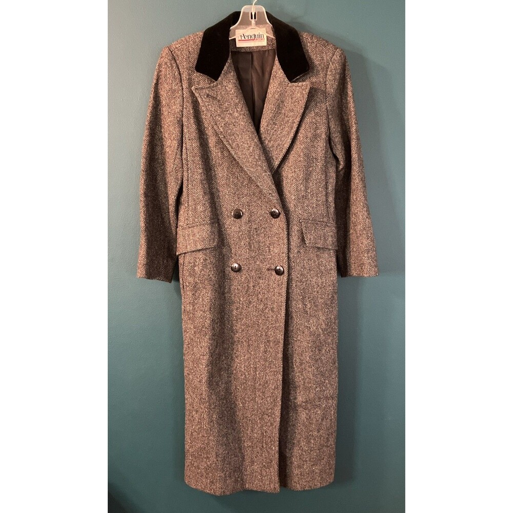 VTG Penguin M. Liman Co. Long Wool Herringbone Coat Womens 6 Velvet Collar EUC